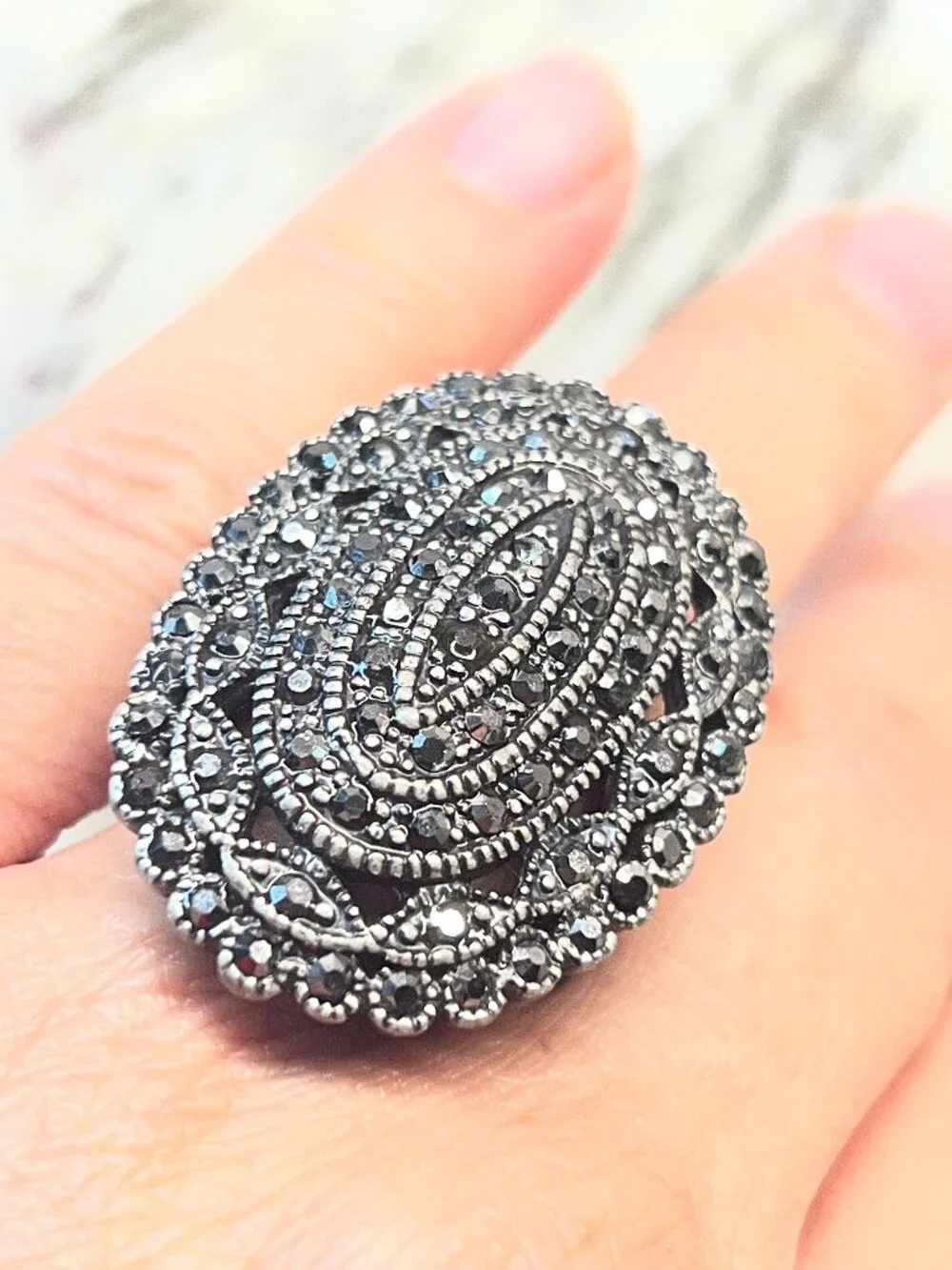 Vintage Marcasite Style Statement Cocktail Ring - Oxidized Black Oval SIZE 6.5/7